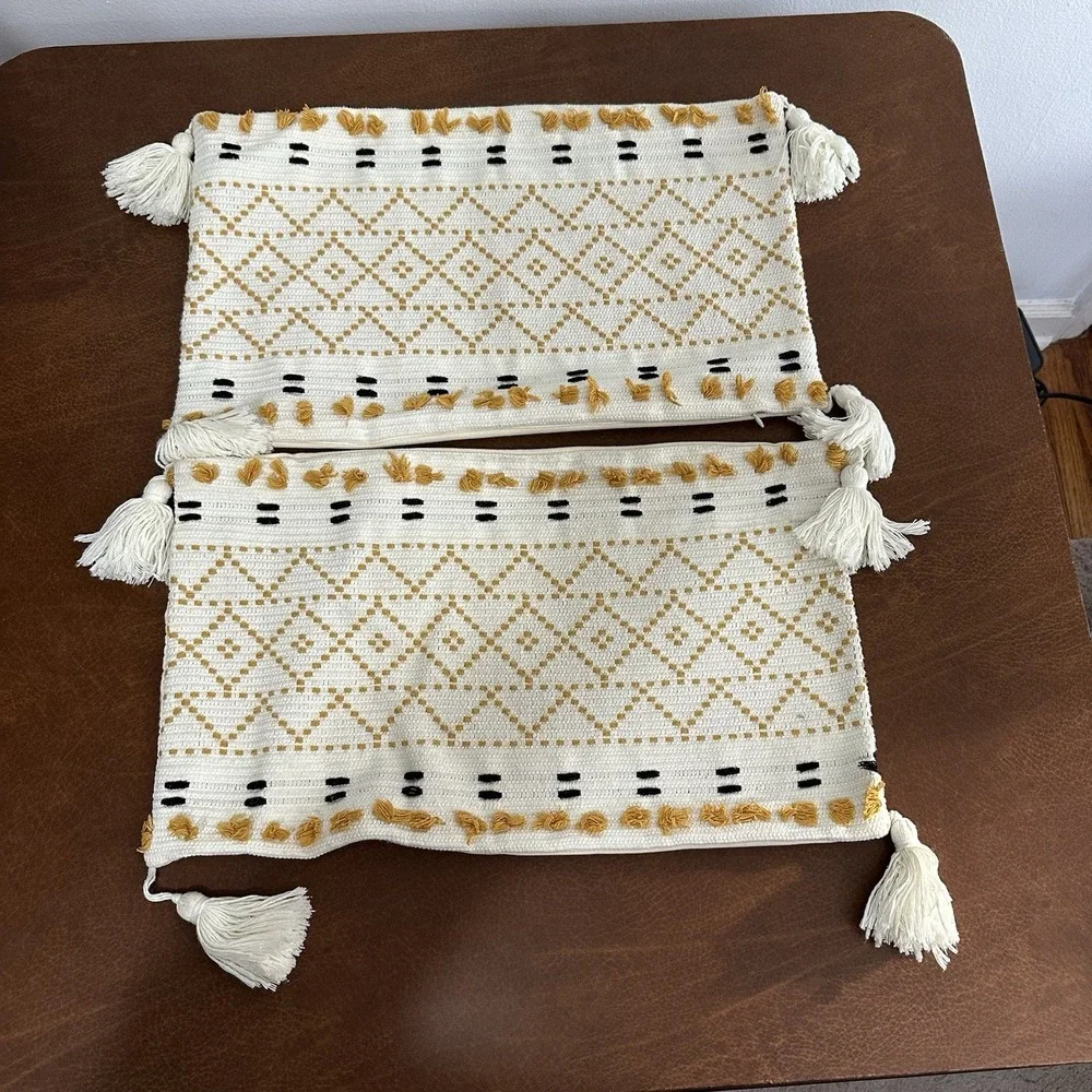 Opal House Toss Pillow Cases Lot of 2 Gold Cream & Brown w/Tassels 1 Yellow Case